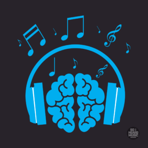 Clipart of a brain wearing over-ear headphones surrounded by music notes